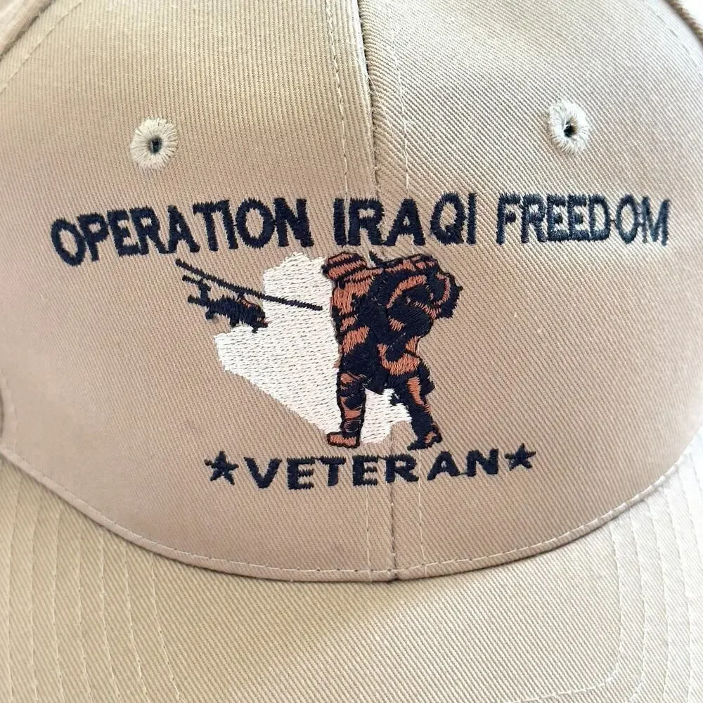 Operation Iraqi Freedom Mens Hat TAN Navy Military Snapback USA